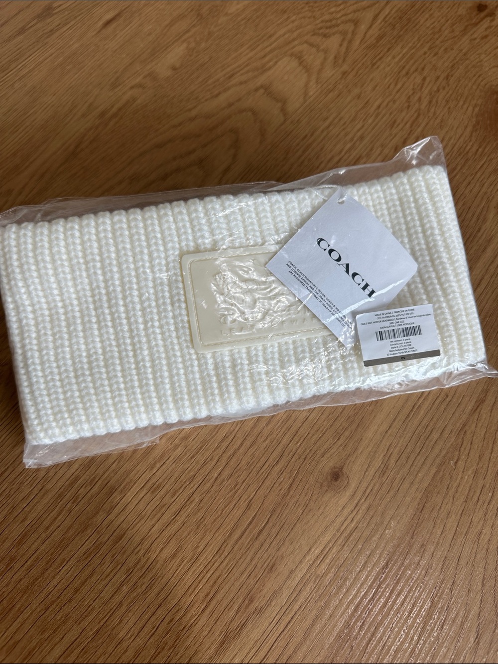 Coach Ivory Ribbed Knit Headband with Logo Patch